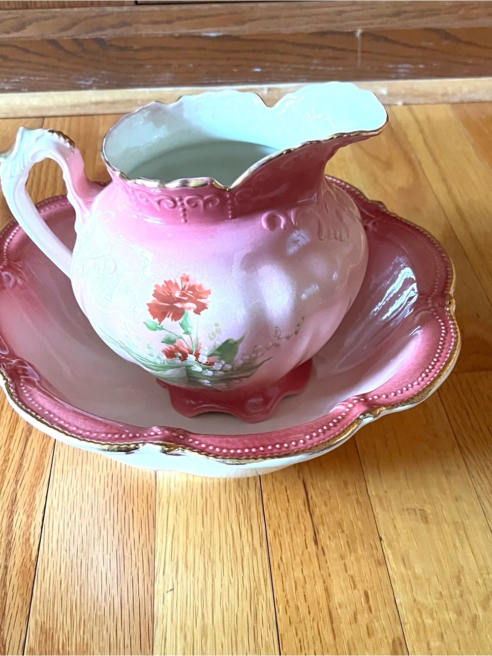 Russ Pink and Gold Floral Pitcher and Bowl